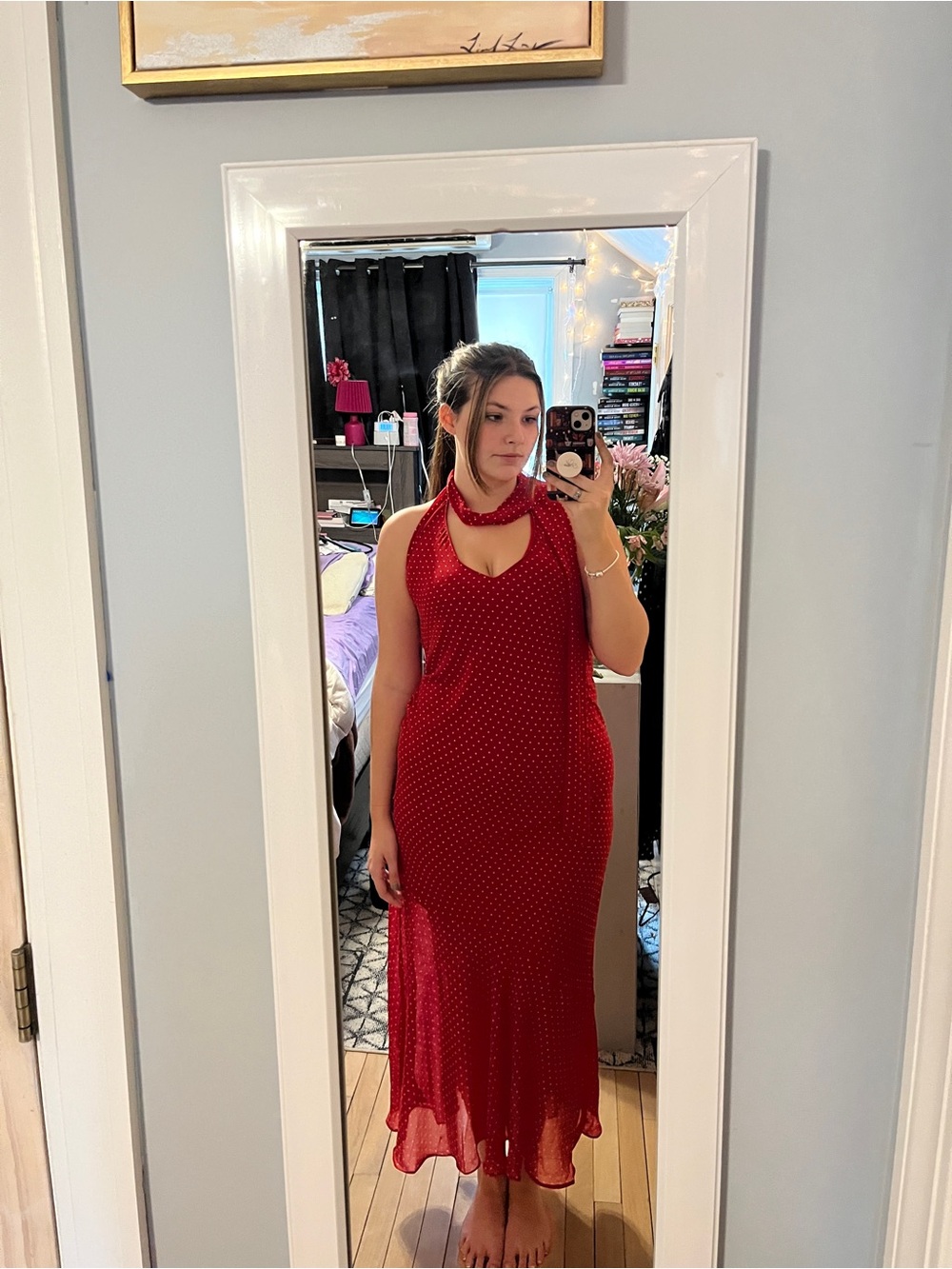 Red Polka Dot Halter Maxi Dress - Elegant Women’s Evening Dress